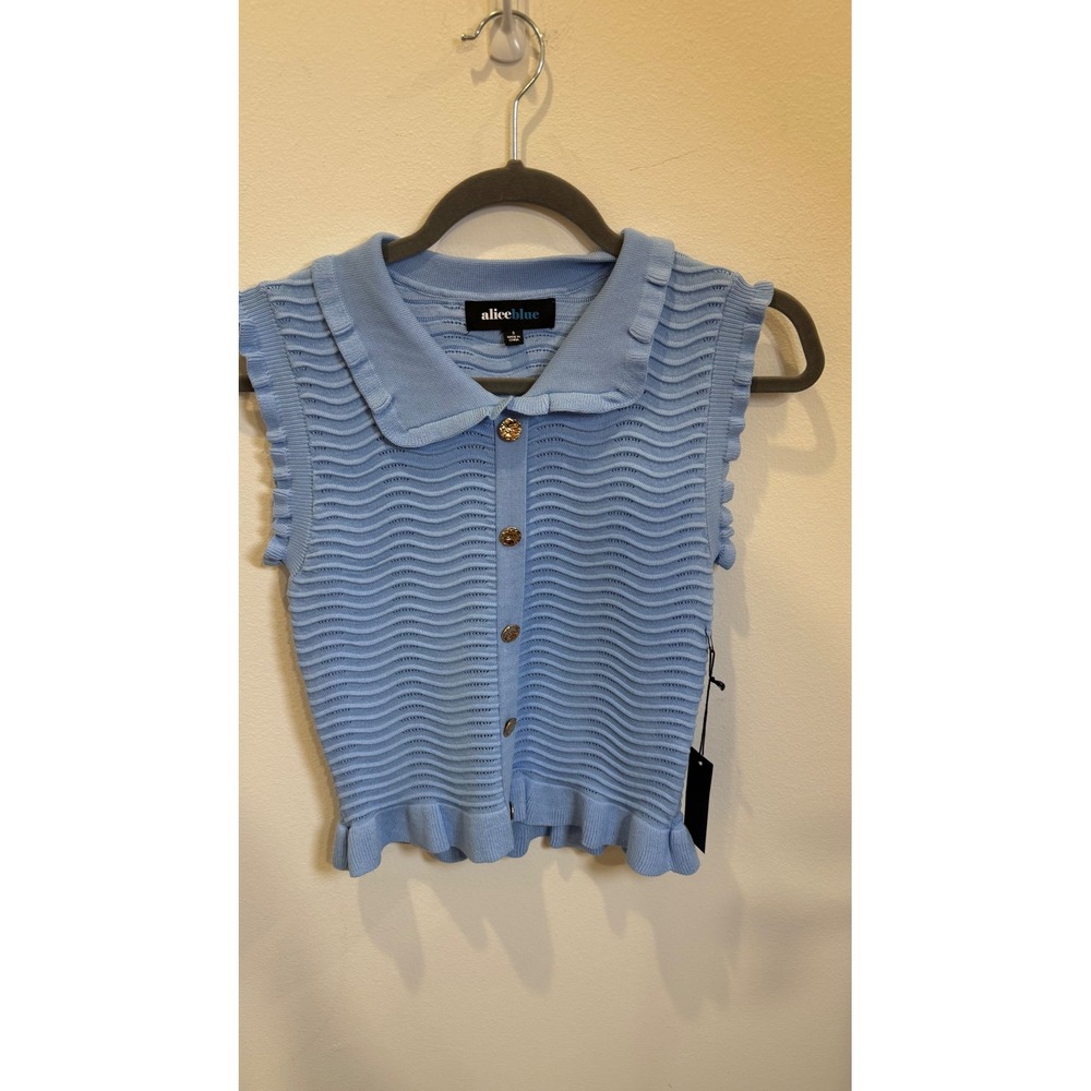 Alice Blue Light Blue Wavy Knit Ruffle Cardigan Top Gold Buttons Small NWT